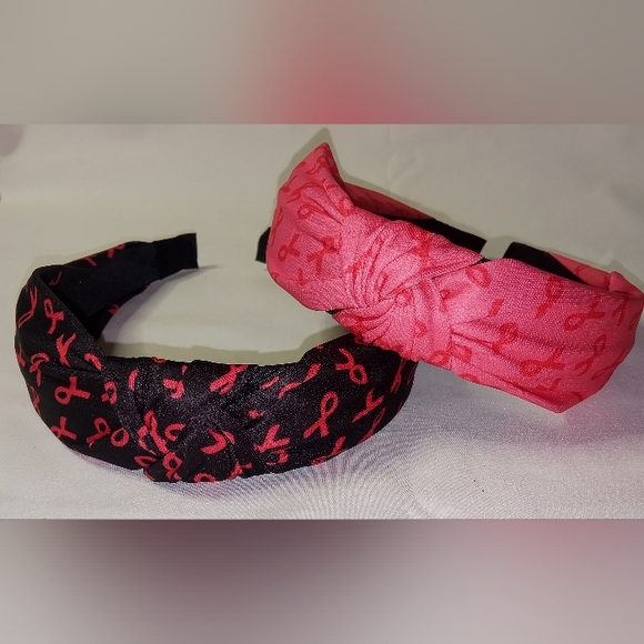 Pink Ribbons Breast Cancer Awareness Knotted Headbands For Women Set of Two - Picture 1 of 5